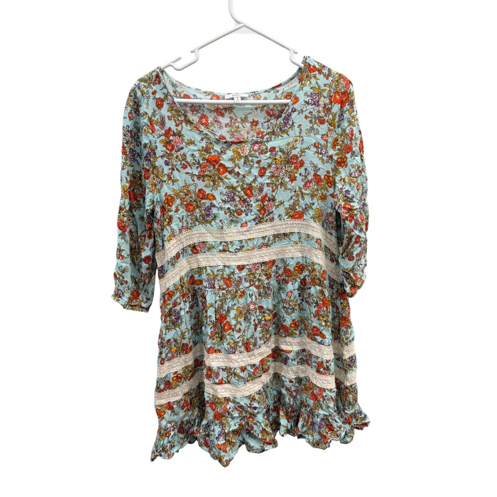 Jodifl Womens Floral Lace Trim Babydoll Mini Dress Blue Boho Ruffle Sleeve‎ S